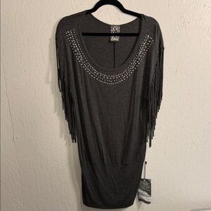 Gray Midi Dress with Fringe and Stud Details